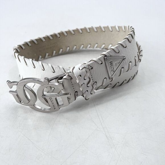 GUESS Vintage White Leather Stitched 1.5" Wide Hook Belt Womens Small - Picture 2 of 7